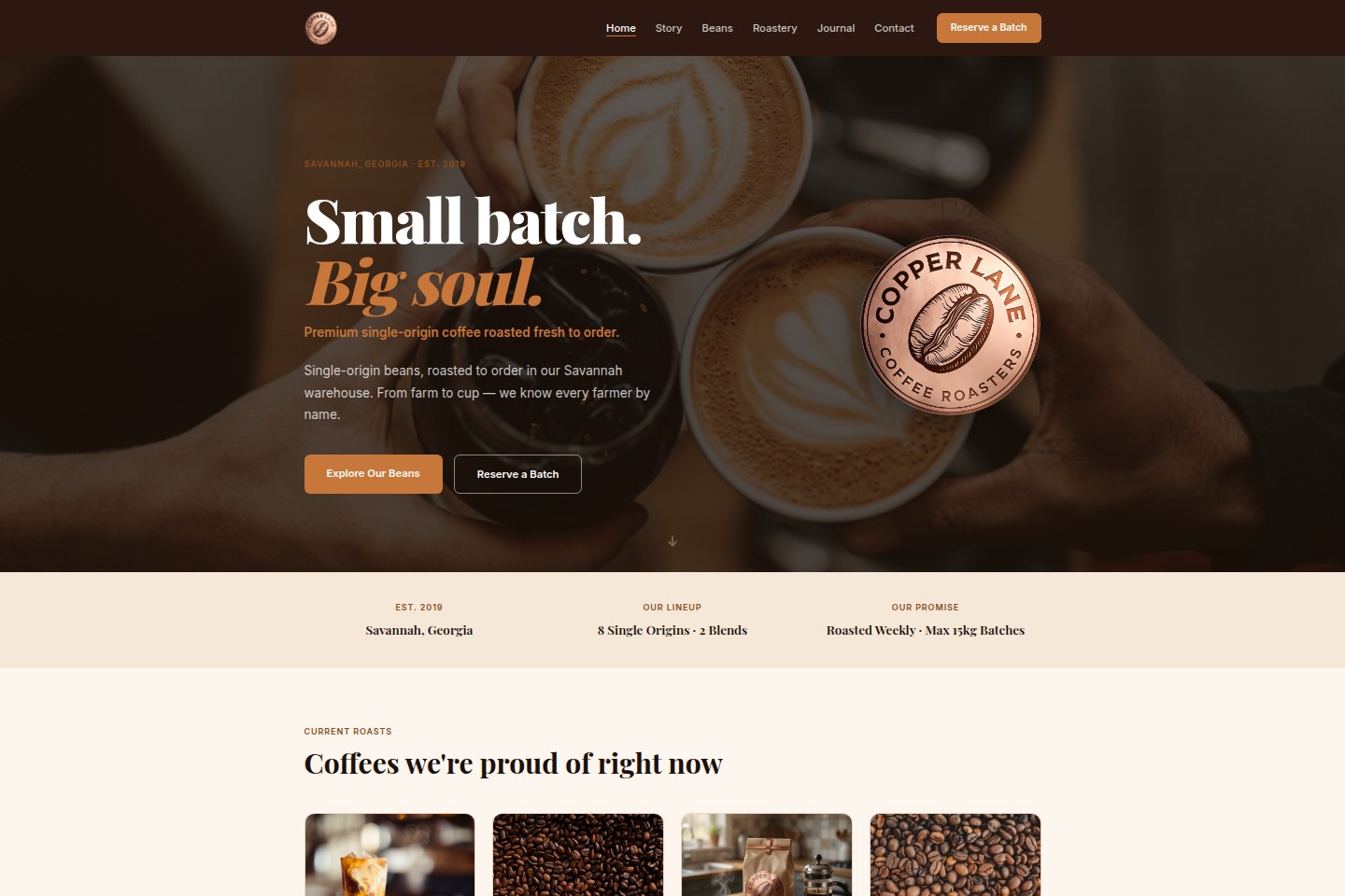 Copper Lane Coffee Roasters website — dark warmth-toned hero with 'Small batch. Big soul.' headline