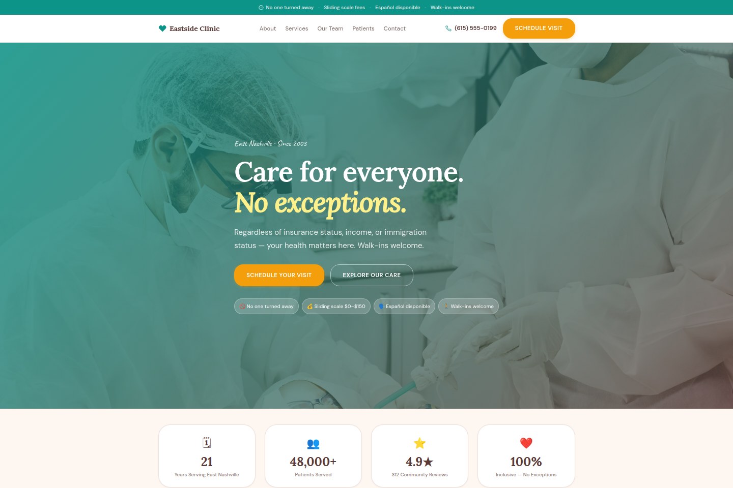 Eastside Clinic website — teal hero with 'Care for everyone. No exceptions.' headline