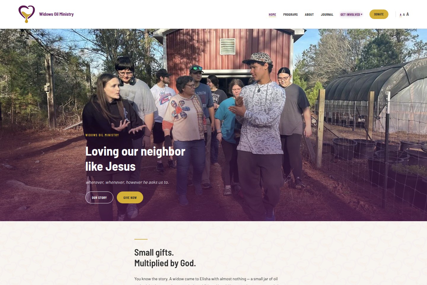 Widows Oil Ministry website — community photography with 'Loving our neighbor like Jesus' headline
